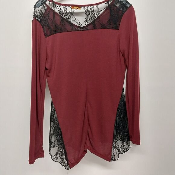 Liz in LA Maroon Long Sleeve XL Shirt Lace Shoulders And Back V-Neck Pullover - Picture 6 of 9
